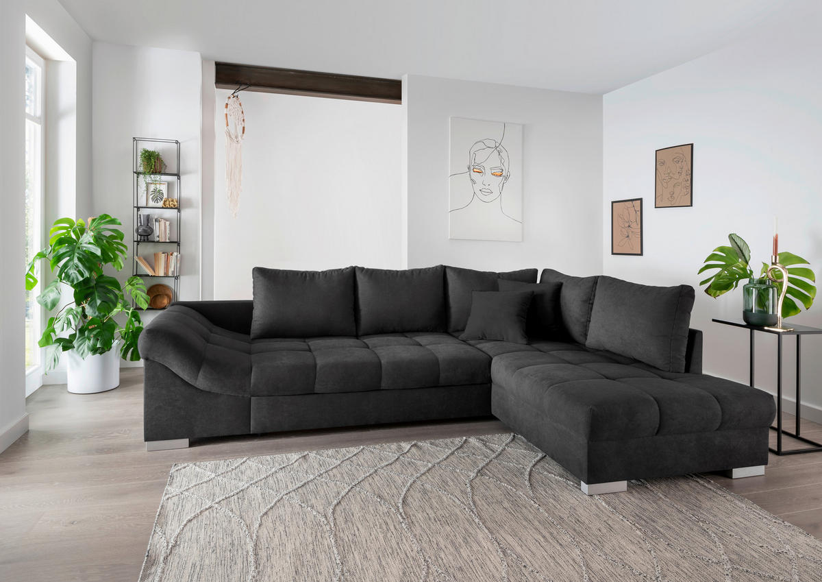 ECKSCHLAFSOFA in Mikrofaser Schwarz  - Silberfarben/Schwarz, Design, Holz/Textil (298/202cm) - MID.YOU