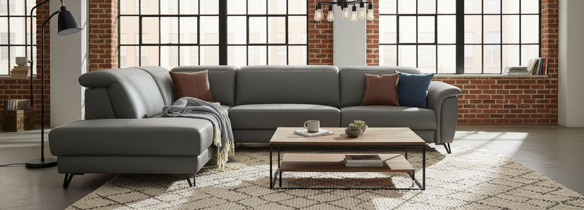 ECKSOFA  in Echtleder Dunkelgrau  240/303 cm  - Dunkelgrau/Schwarz, MODERN, Leder/Holz (240/303cm) - Livetastic