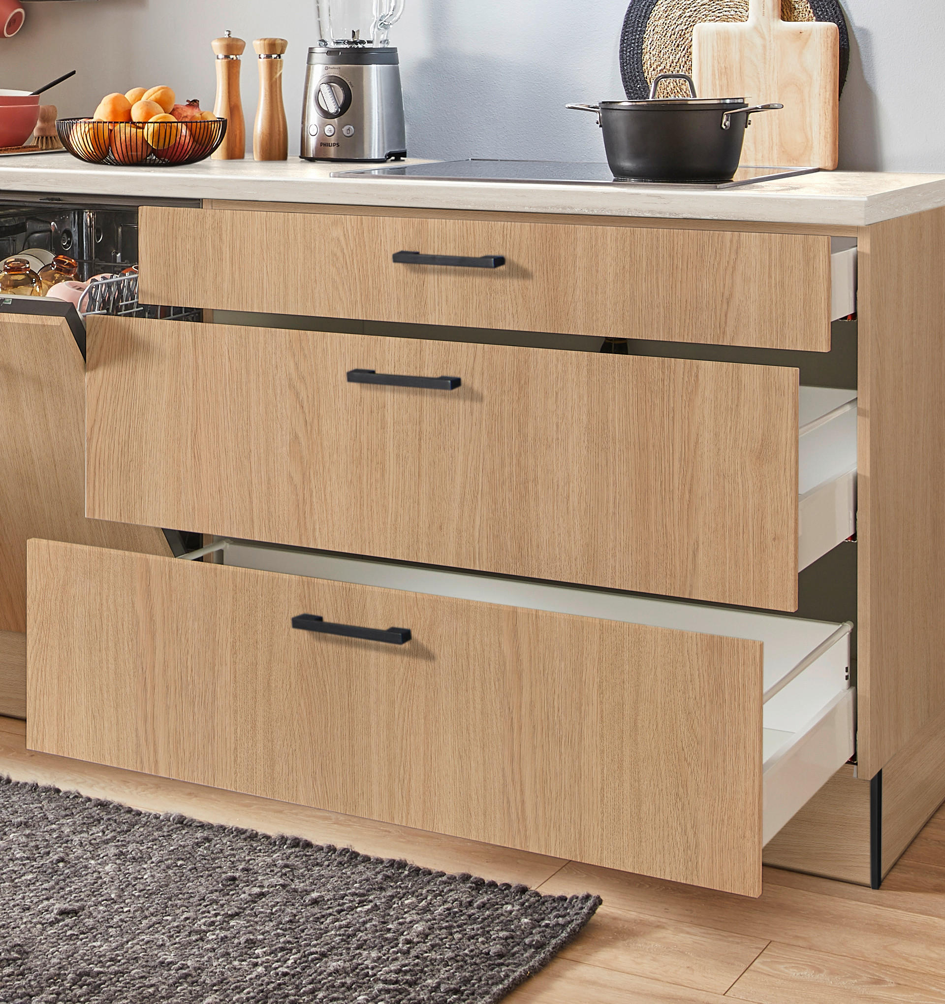 KÜCHENBLOCK PN 100 360 cm  in Eichefarben, Beigebraun  - Eichefarben/Beigebraun, Design, Holzwerkstoff/Metall (360cm) - Pino