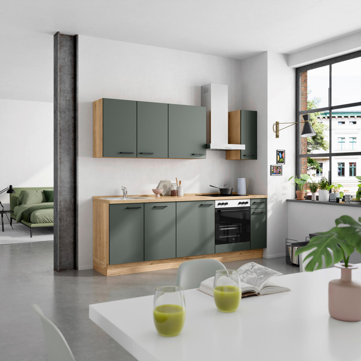KÜCHENBLOCK Easytouch 240 cm  in Eichefarben, Dunkelgrün  - Dunkelgrün/Eichefarben, MODERN, Holzwerkstoff/Metall (240cm) - Nobilia