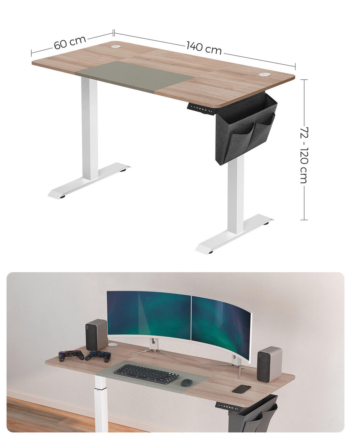 COMPUTERTISCH 140/60/72-120 cm Weiß, Beige elektrisch höhenverstellbar  - Beige/Weiß, Basics, Holzwerkstoff/Metall (140/60/72-120cm) - Boxxx