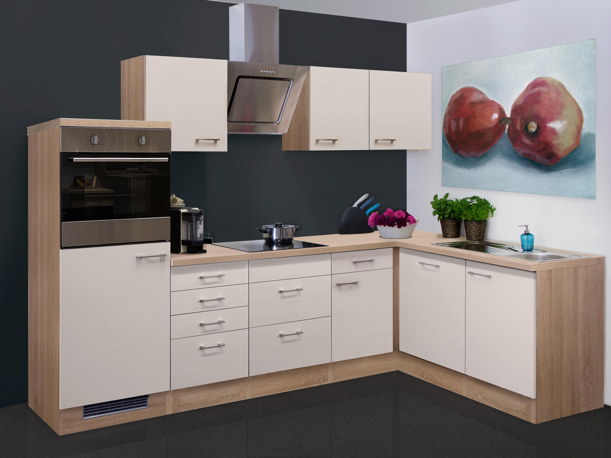 ROHOVÁ KUCHYNĚ NEPAL 280 - Sonoma dub/kašmírová, Moderní, kov/kompozitní dřevo (280/170cm) - FlexWell