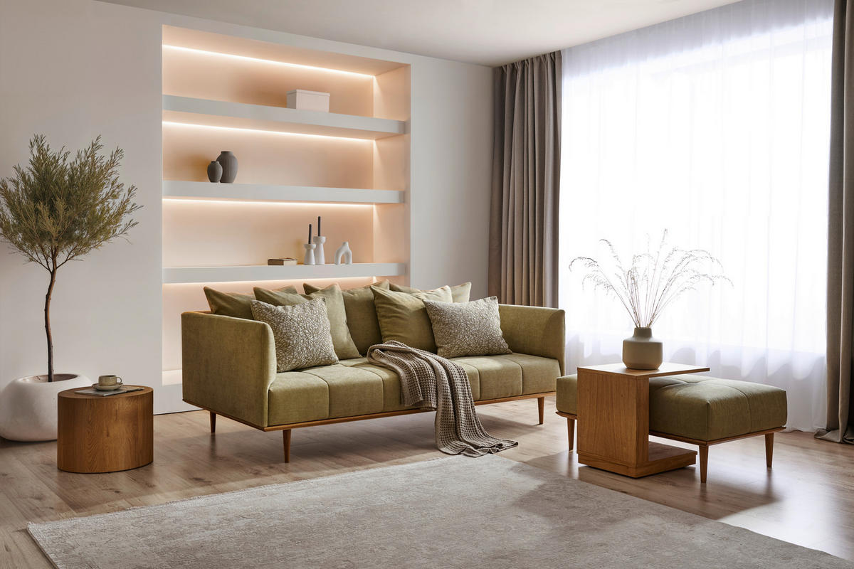 BIGSOFA  in Flachgewebe Grün  - Eichefarben/Grün, Design, Holz/Textil (220/77/120cm) - Joka