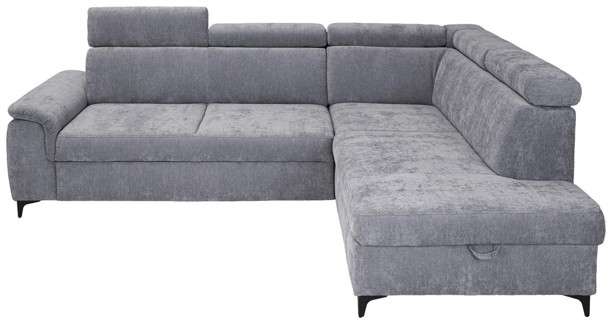 ECKSOFA Hellgrau Chenille Bettkasten, Schlaffunktion, Rücken echt, Kopfteilverstellung, Liegefläche im Originalstoff  - Hellgrau/Schwarz, KONVENTIONELL, Textil/Metall (265/206cm) - Carryhome