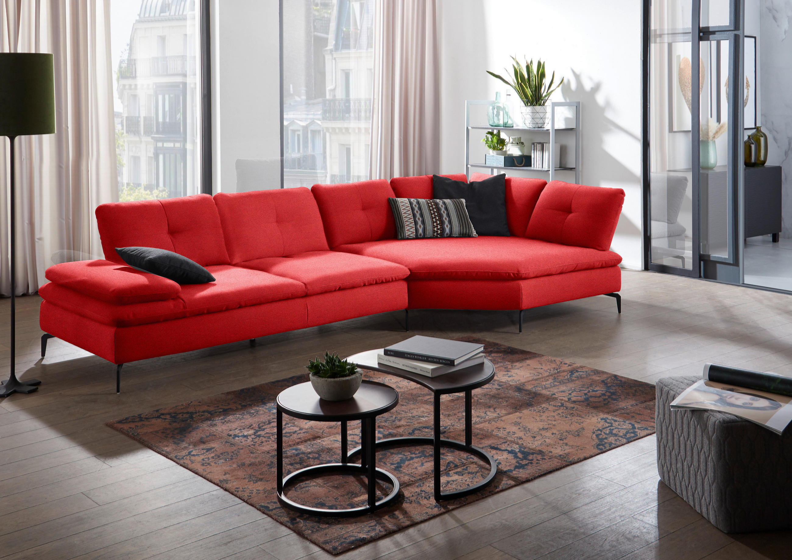 ECKSOFA in Flachgewebe Hellrot  - Hellrot/Schwarz, Design, Textil/Metall (344/157cm) - Chilliano