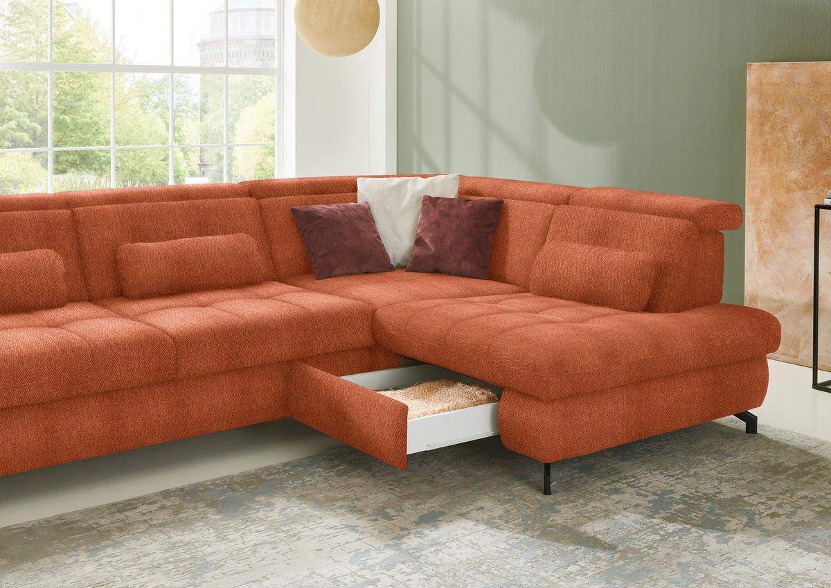 ECKSOFA in Chenille Terracotta  - Terracotta/Schwarz, Design, Textil/Metall (310/220cm) - Beldomo Style