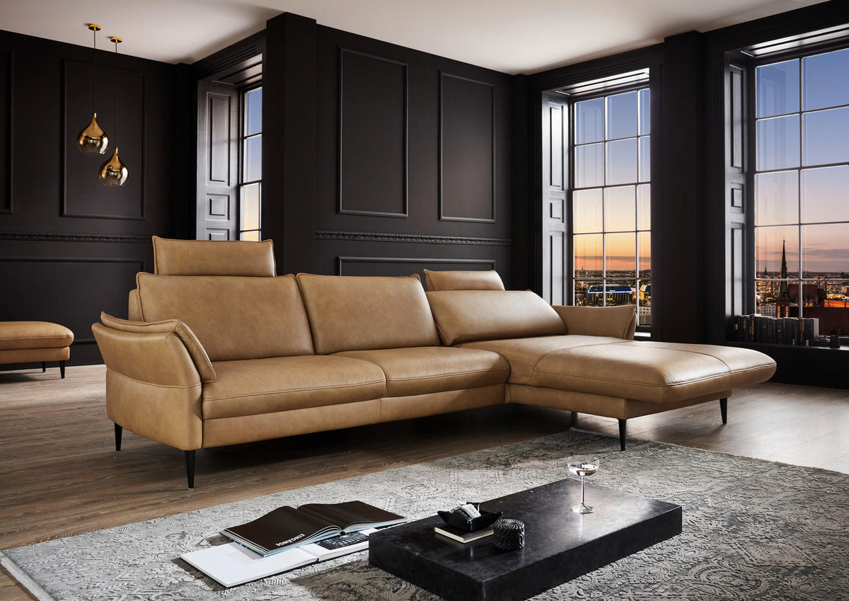 ECKSOFA Dunkelgelb Echtleder  - Dunkelgelb/Schwarz, Design, Leder/Metall (172/334cm) - Hukla