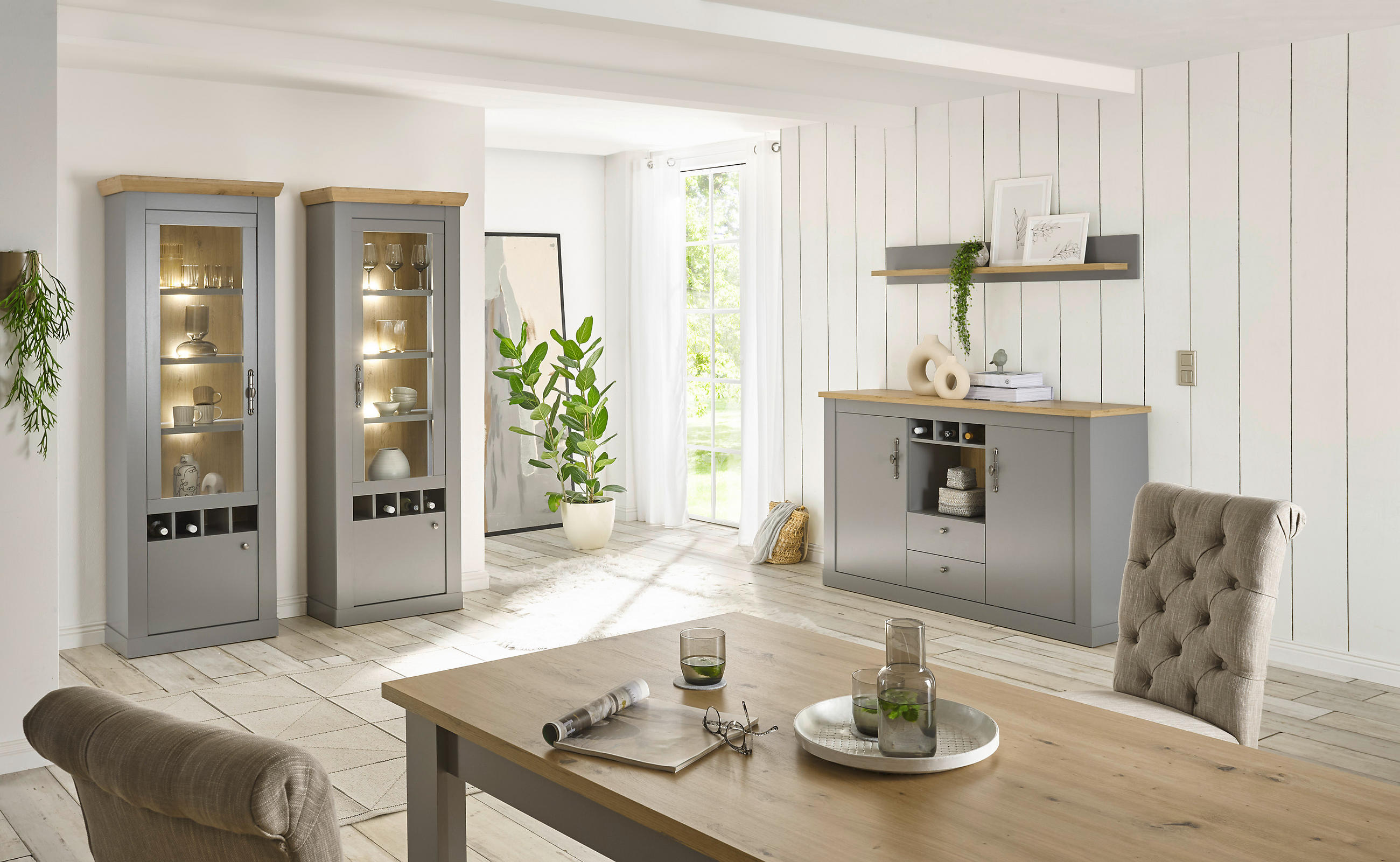 Thumbnail - Mid.you Vitrine, Eiche, Hellgrau, Metall, 3 Fächer, 71x201x37 cm, stehend, Wohnzimmer, Wohnwände, Vitrinenschränke