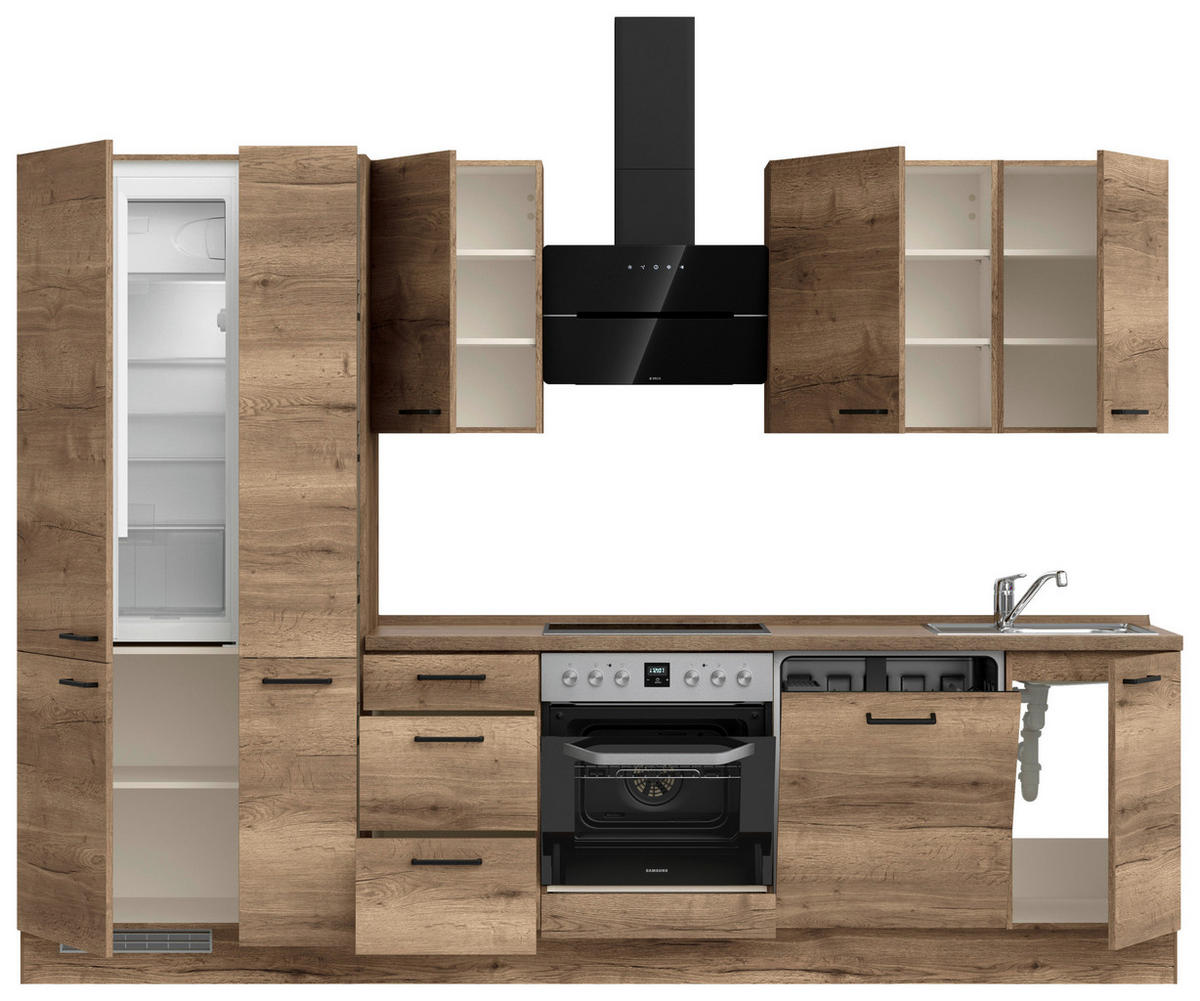 KÜCHENBLOCK 300 cm   in Eiche dunkel  - Eiche dunkel/Schwarz, MODERN, Holzwerkstoff/Metall (300cm) - Nobilia