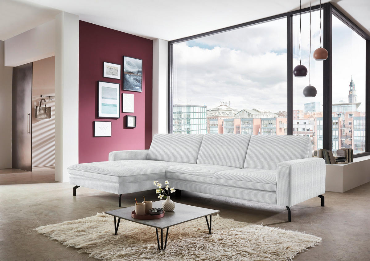 ECKSOFA in Cord Hellgrau  - Hellgrau/Schwarz, Design, Textil/Metall (178/302cm) - Beldomo Style