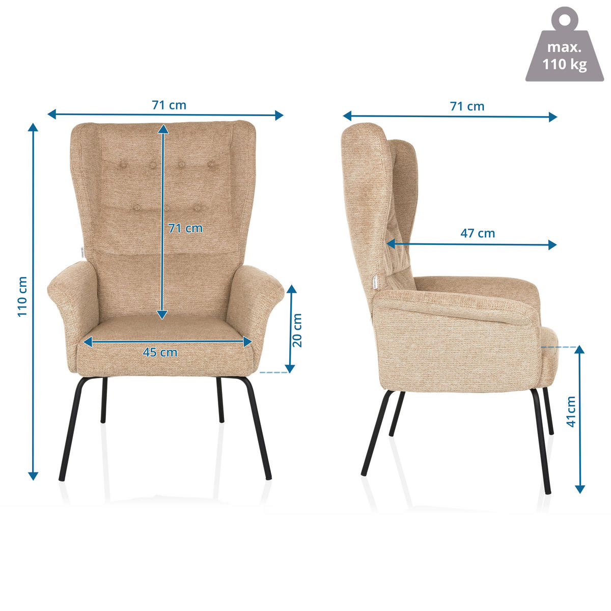 OHRENSESSEL Bouclé Beige  - Beige/Schwarz, MODERN, Textil/Metall (71/110/71cm) - MID.YOU