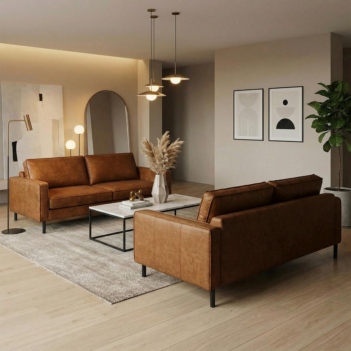 3-SITZER-SOFA Echtleder Lederlook Hellbraun  - Hellbraun/Schwarz, Design, Leder/Textil (188/85/92cm) - Livetastic