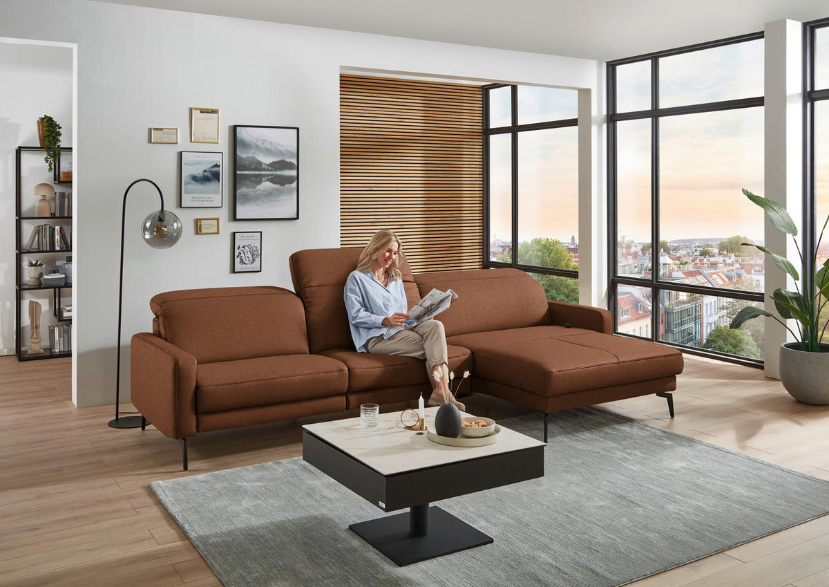 ECKSOFA  Echtleder Cognac  - Cognac/Schwarz, Design, Leder/Metall (323/179cm) - Dieter Knoll