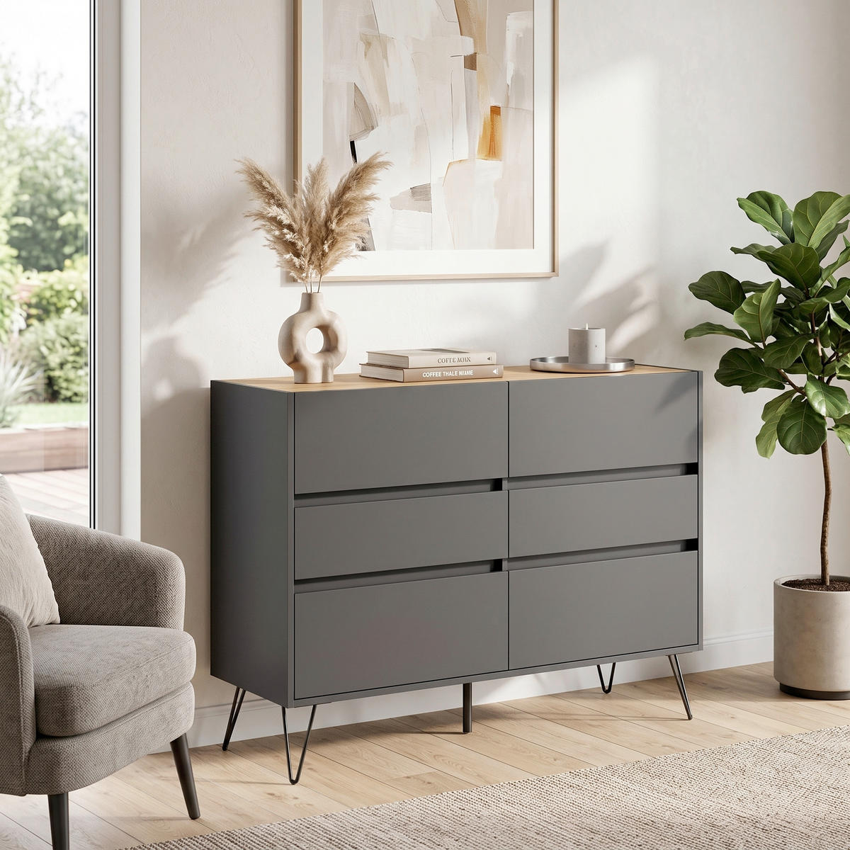 SIDEBOARD Posseik Industrial 120/93,6/42 cm 6 Schublade(n)  - Eichefarben/Graphitfarben, Design, Holzwerkstoff/Metall (120/93,6/42cm) - MID.YOU