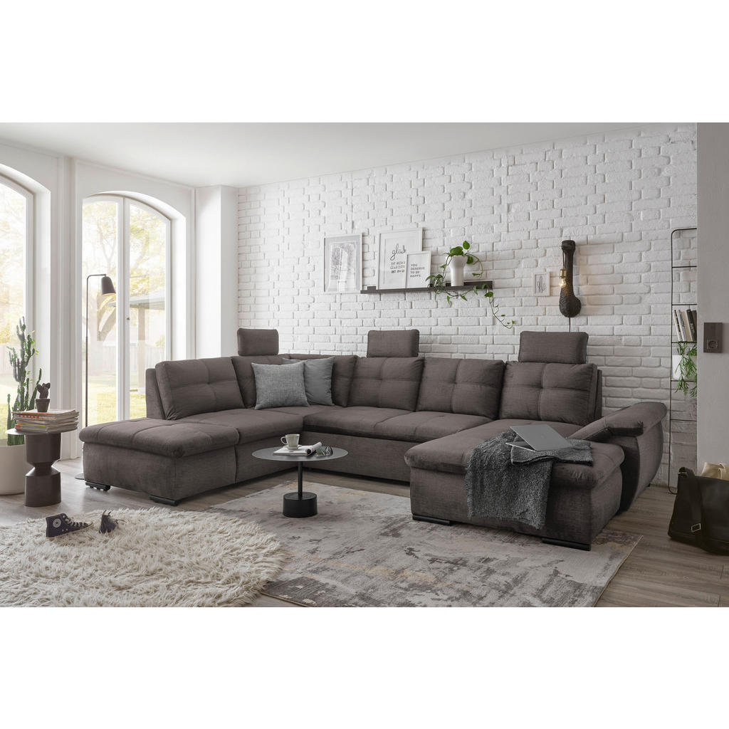 Thumbnail - Carryhome Wohnlandschaft, Graubraun, Textil, 7-Sitzer, Füllung: Schaumstoffflocken, Ottomane links, U-Form, 334x217 cm, ...