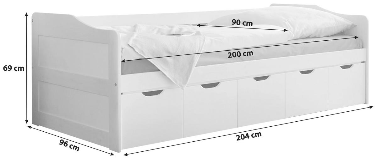 STAURAUMBETT 90/200 cm  in Weiss   - Weiss, Modern, Holz (90/200cm) - MID.YOU