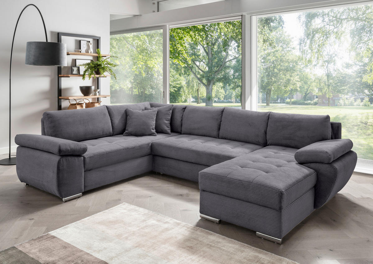 Wohnlandschaft in Cord Grau  - Chromfarben/Grau, KONVENTIONELL, Textil/Metall (219/305/157cm) - Livetastic
