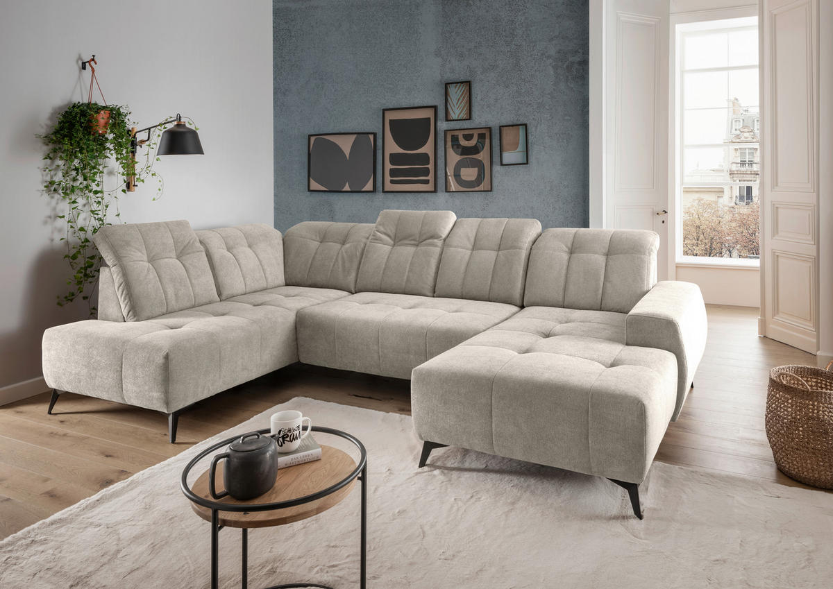 WOHNLANDSCHAFT SANO Beige Chenille  - Beige/Schwarz, MODERN, Textil/Metall (200/337/180cm) - Livetastic