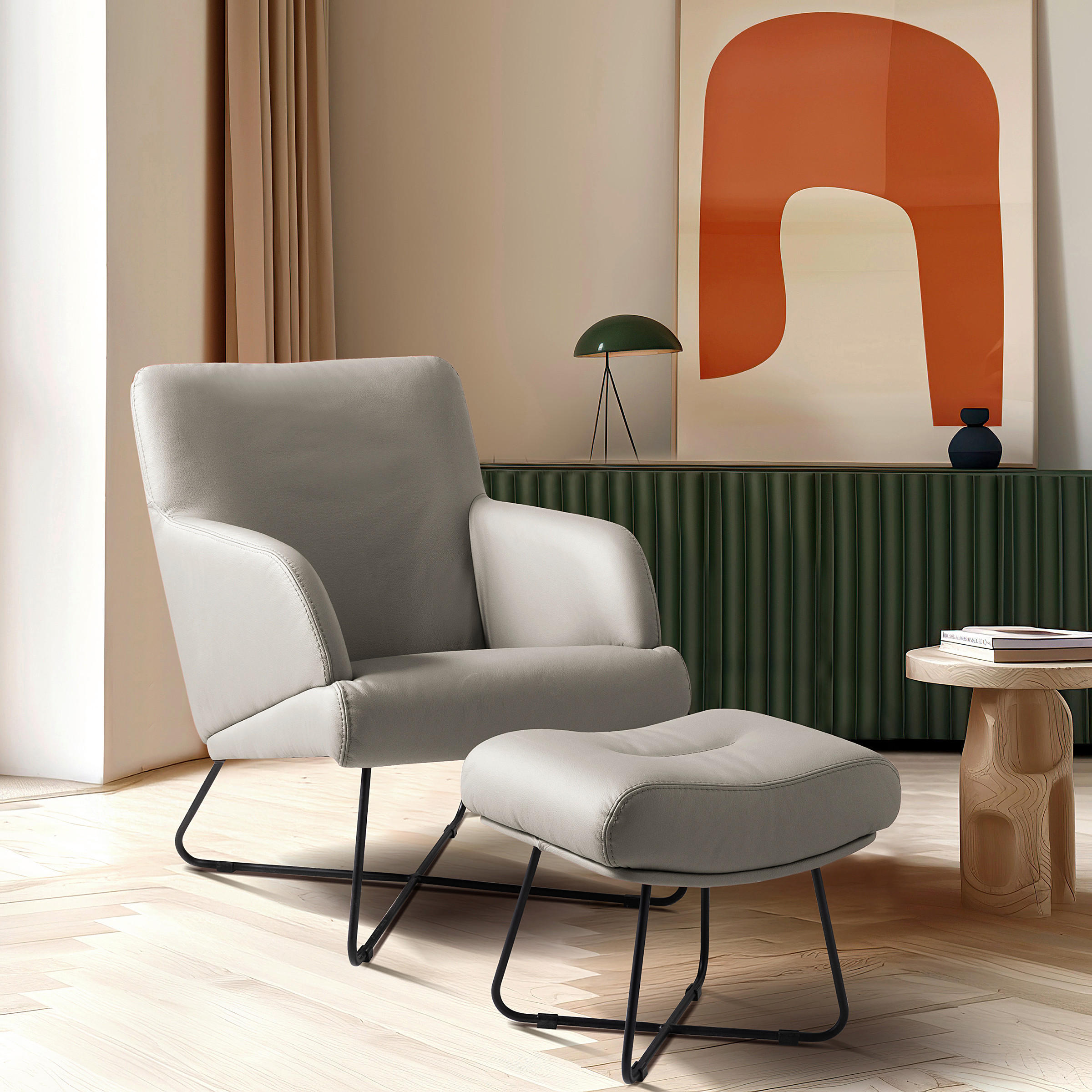 SESSELSET Echtleder Platinfarben  - Platinfarben/Schwarz, Design, Leder/Metall (67/87/74cm) - Livetastic