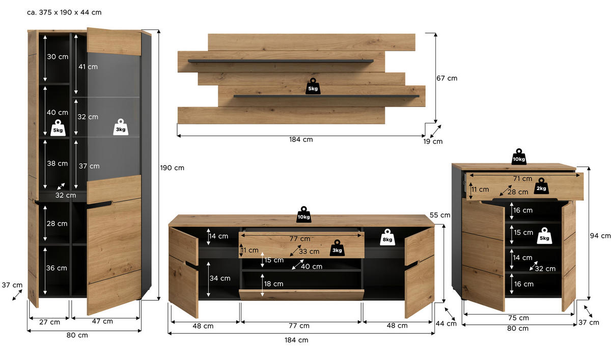OBÝVACIA STENA dub artisan - čierna/dub artisan, Design, kompozitné drevo/plast (375/190/44cm) - Livetastic