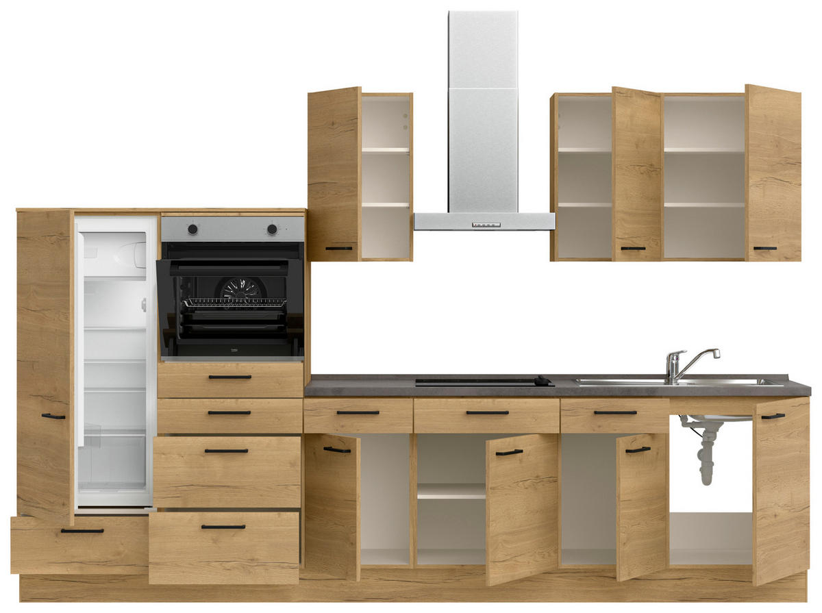 KÜCHENBLOCK 330 cm   in Eichefarben, Schieferfarben  - Schieferfarben/Eichefarben, MODERN, Holzwerkstoff/Metall (330cm) - Nobilia