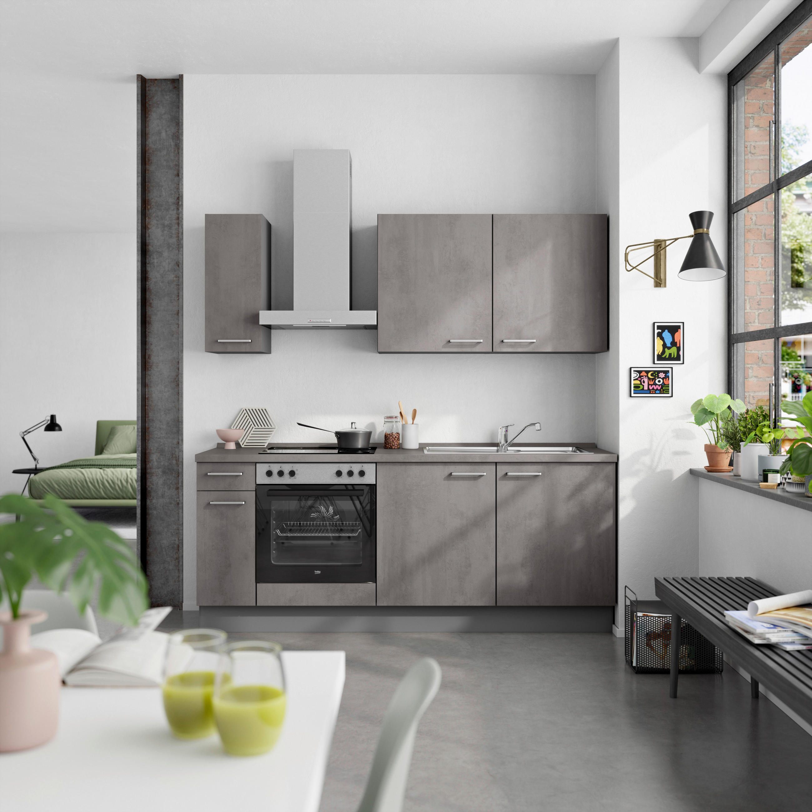KÜCHENBLOCK Riva 210 cm  in Schieferfarben  - Schieferfarben/Edelstahlfarben, MODERN, Holzwerkstoff/Metall (210cm) - Nobilia