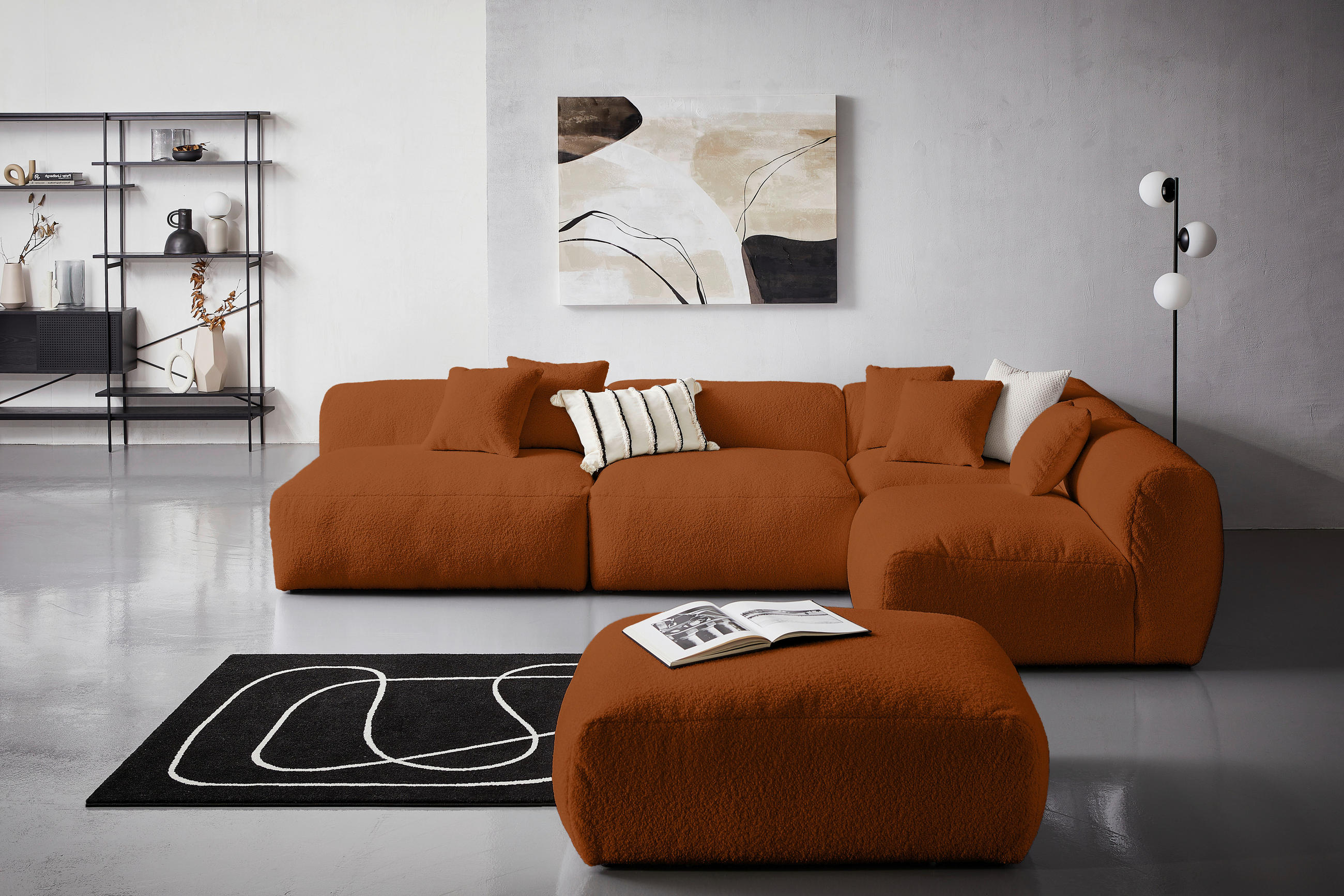 ECKSOFA inkl. Hocker in Flachgewebe, Teddystoff Rostfarben  - Rostfarben, Trend, Textil (315/235cm) - Livetastic