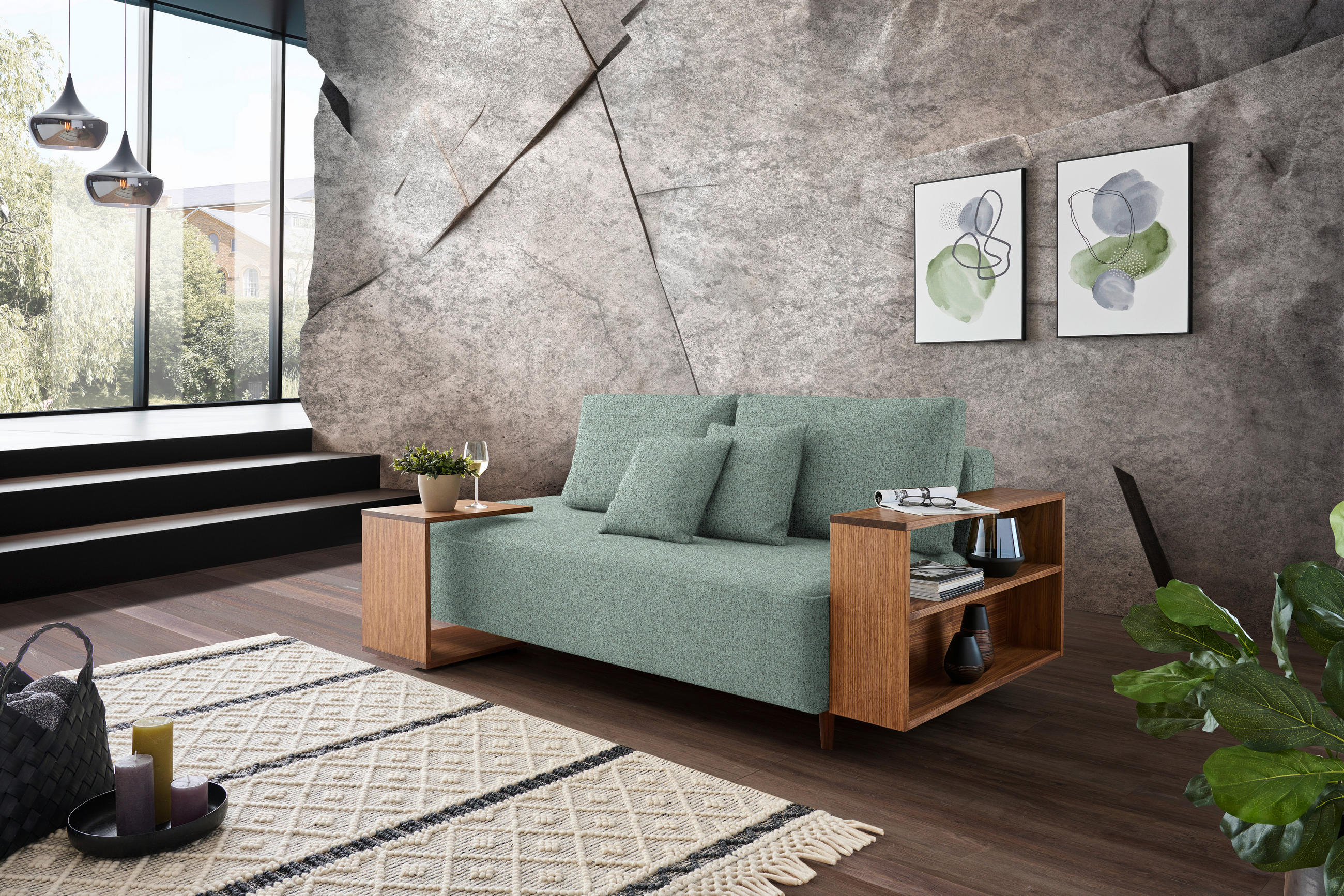 SCHLAFSOFA in Textil Mintgrün  - Nussbaumfarben/Mintgrün, Natur, Holz/Textil (228/90/100cm) - Joka