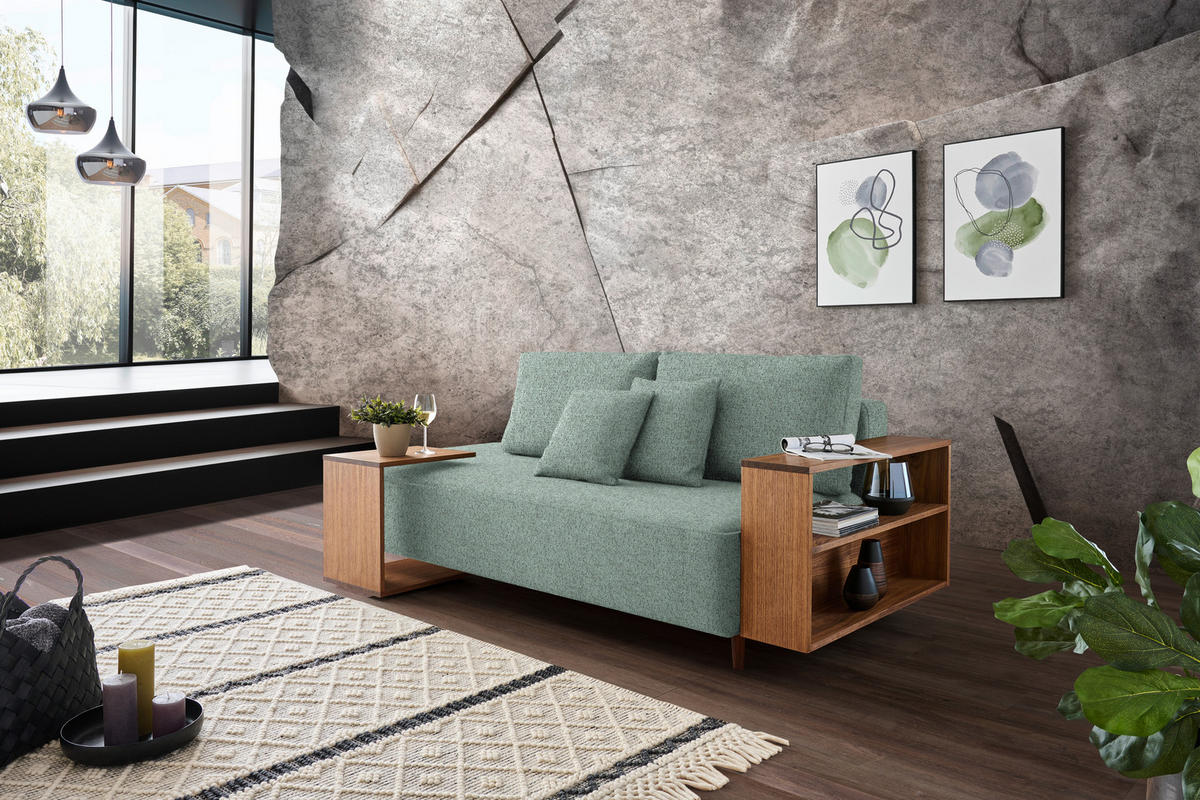 SCHLAFSOFA in Textil Mintgrün  - Nussbaumfarben/Mintgrün, Natur, Holz/Textil (228/90/100cm) - Joka