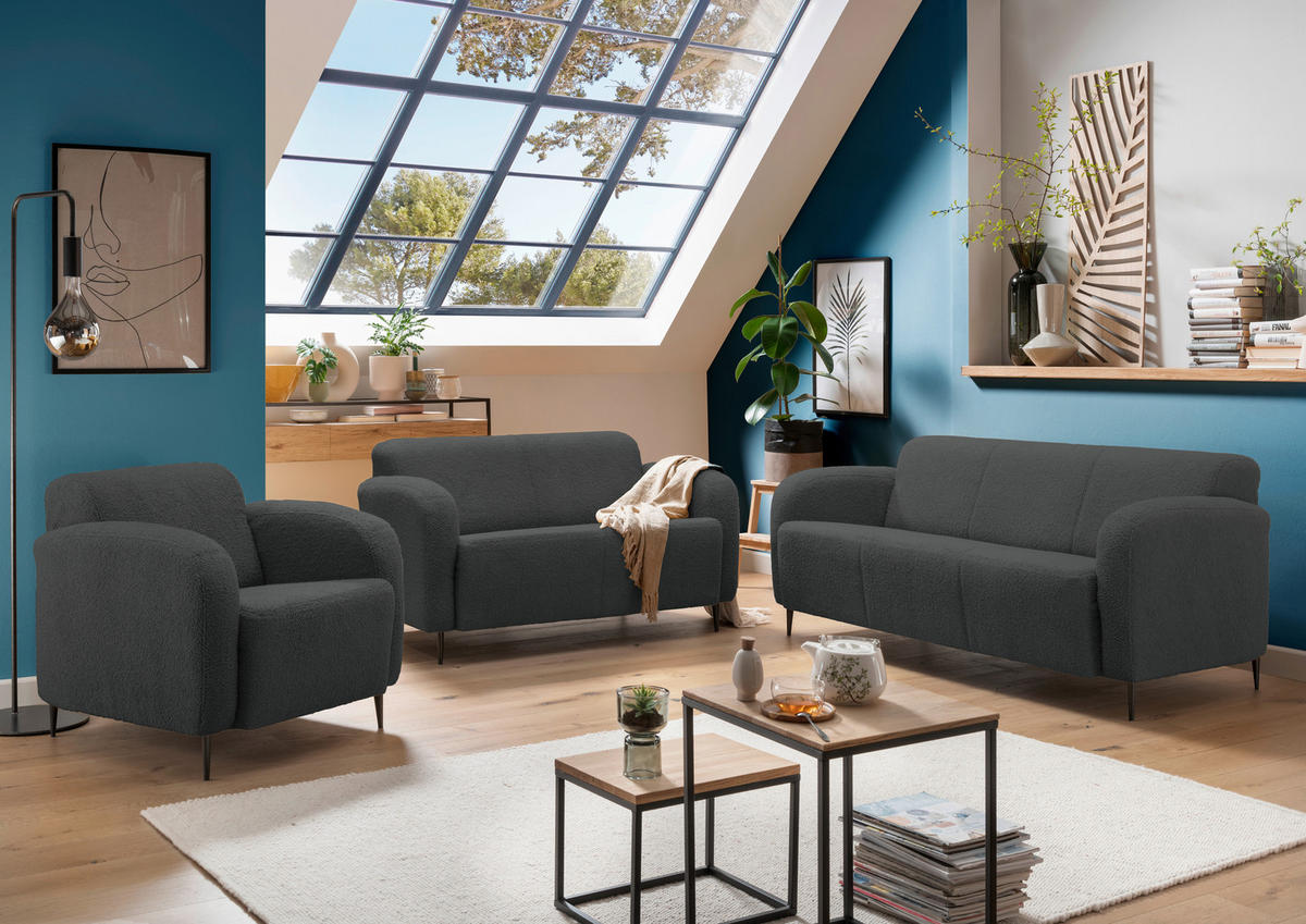 3-SITZER-SOFA Teddystoff Anthrazit  - Anthrazit/Schwarz, MODERN, Textil/Metall (180/76/90cm) - Livetastic