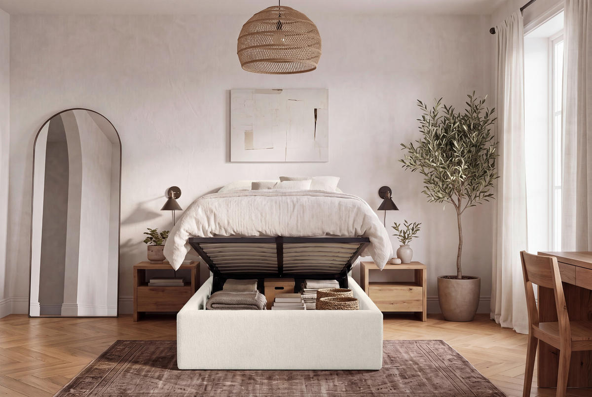 POLSTERBETT 90/200 cm,  in Creme, Lattenrost, Bettkasten,  - Creme/Schwarz, MODERN, Holz/Kunststoff (90/200cm) - Livetastic