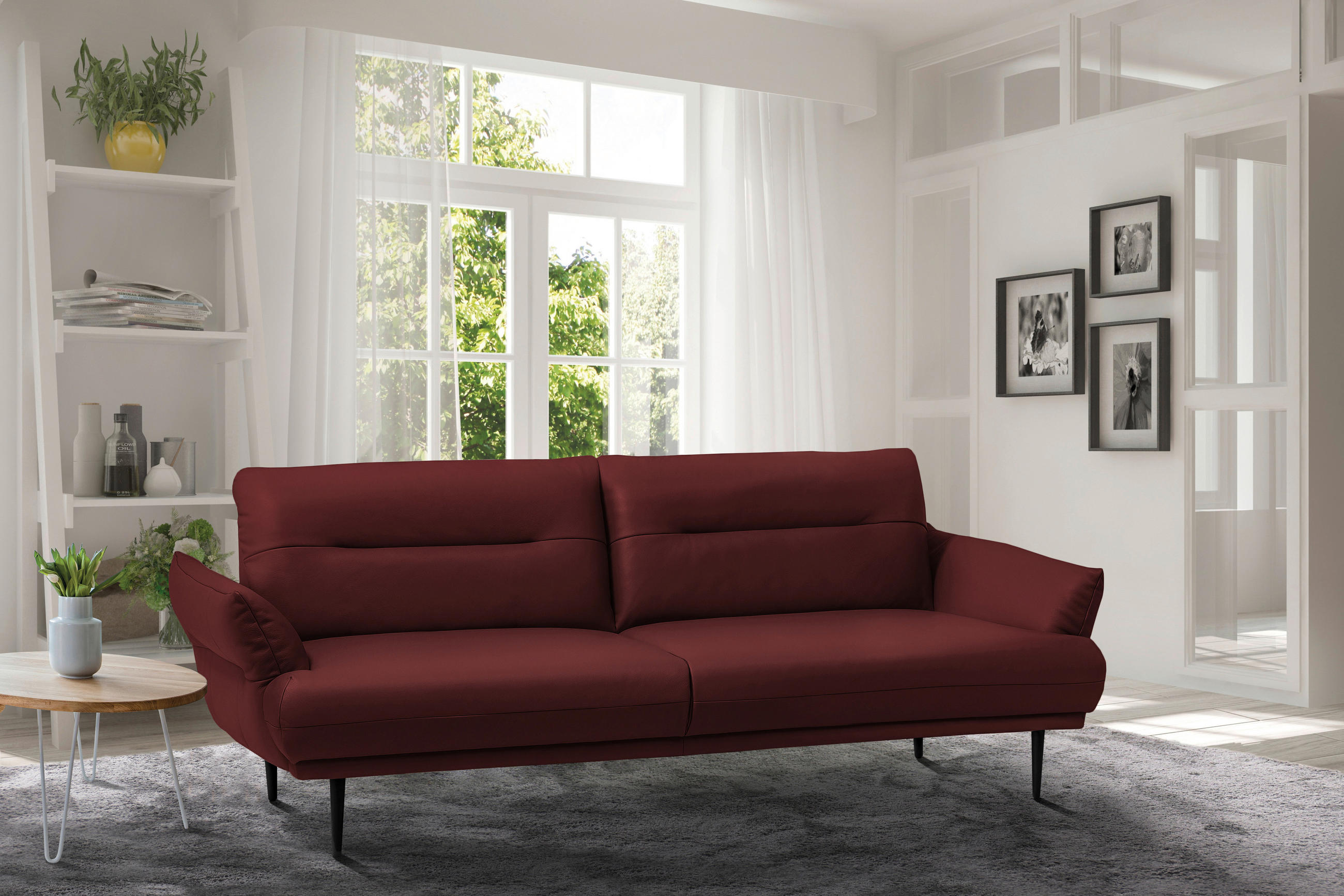 3-SITZER-SOFA in Lederlook Bordeaux  - Bordeaux/Schwarz, Design, Holz/Textil (213/85/96cm) - Livetastic