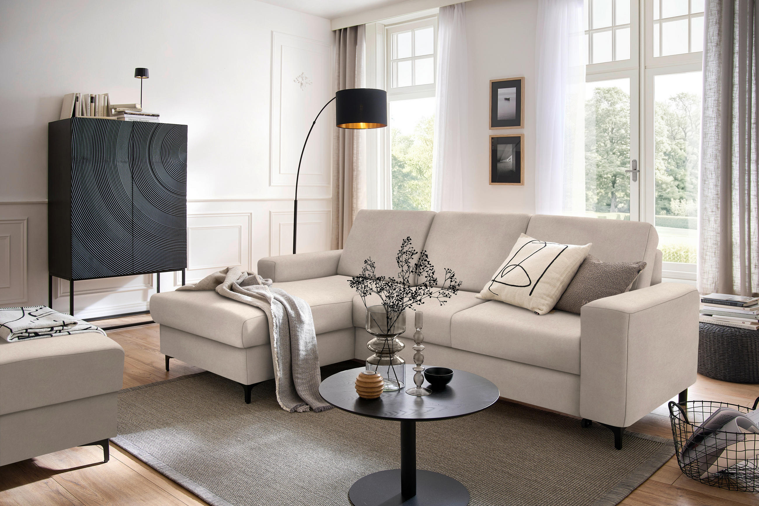 ECKSOFA in Velours Beige  - Beige/Schwarz, Konventionell, Textil/Metall (167/247cm) - Stylife