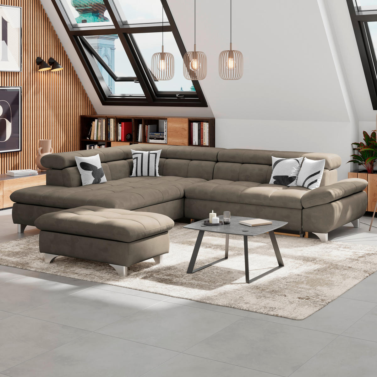 ECKSOFA Taupe Chenille  - Taupe/Chromfarben, KONVENTIONELL, Textil/Metall (234/312cm) - Livetastic