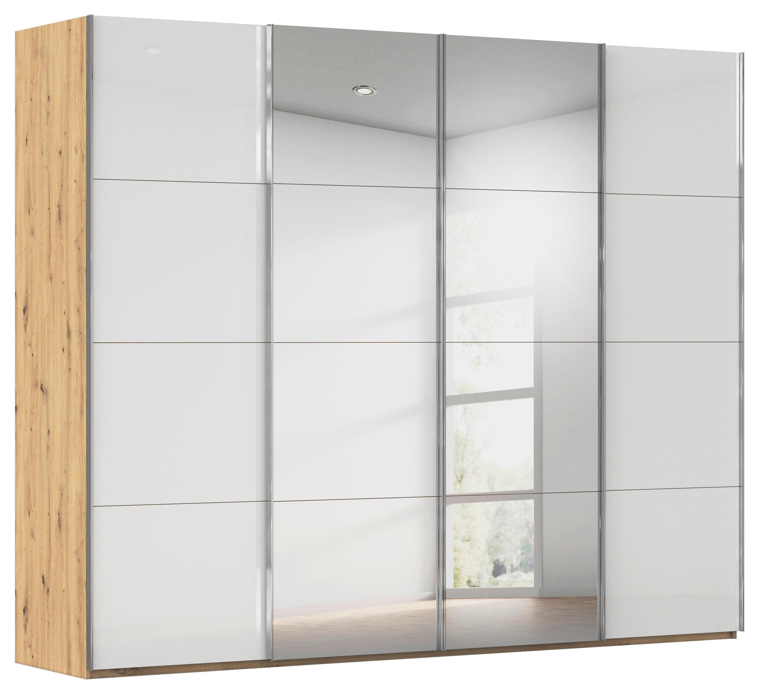 SCHWEBETÜRENSCHRANK in Weiß, Eiche Artisan  - Chromfarben/Weiß, Design, Glas/Holzwerkstoff (271/223/68cm) - Novel