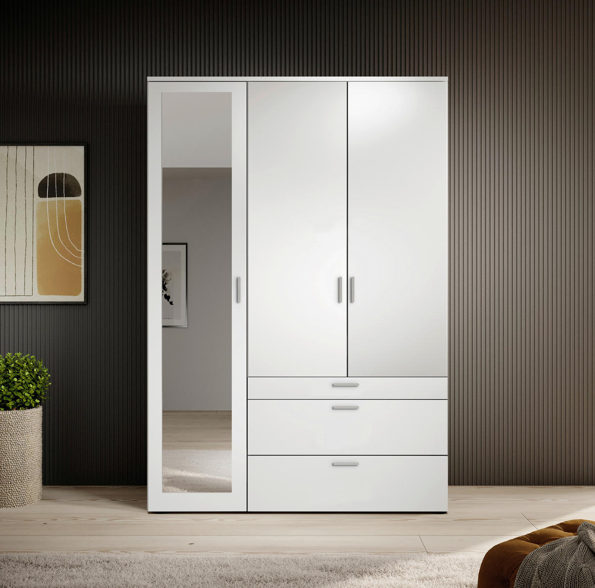 OMARA S KLASIČNIMI VRATI, bela  - bela/barve aluminija, Moderno, umetna masa/steklo (135/195/56cm) - Livetastic