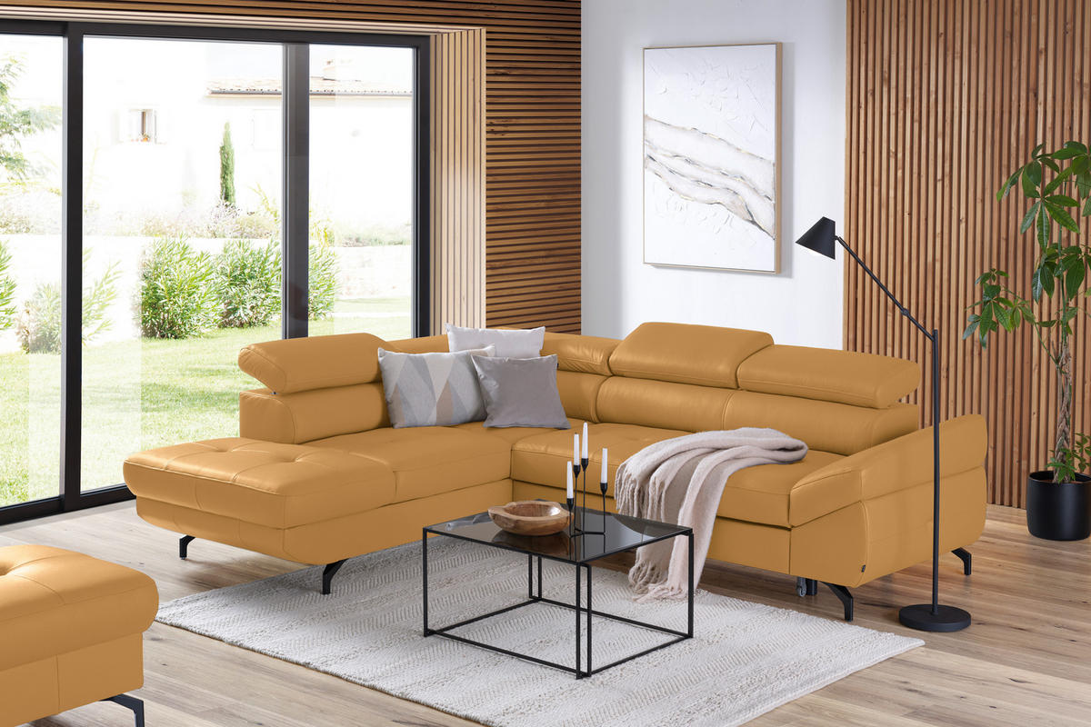 ECKSOFA in Echtleder Senfgelb  - Senfgelb/Schwarz, Design, Leder/Metall (220/270cm) - Novel