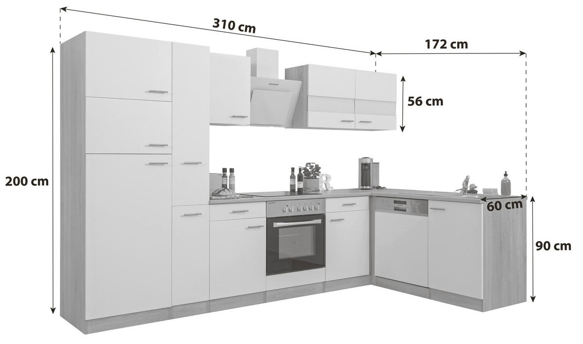 KÜCHENLEERBLOCK  310/172/172 cm  in Weiß  - Edelstahlfarben/Eichefarben, Basics, Holzwerkstoff/Metall (310/172/172cm) - Respekta
