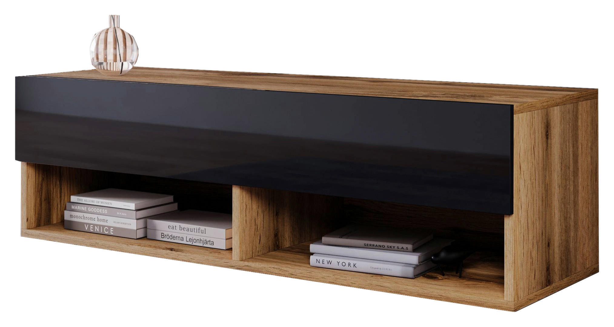 P & B NÍZKÁ KOMODA, dub wotan, vysoce lesklá černá, 100/30/31 cm