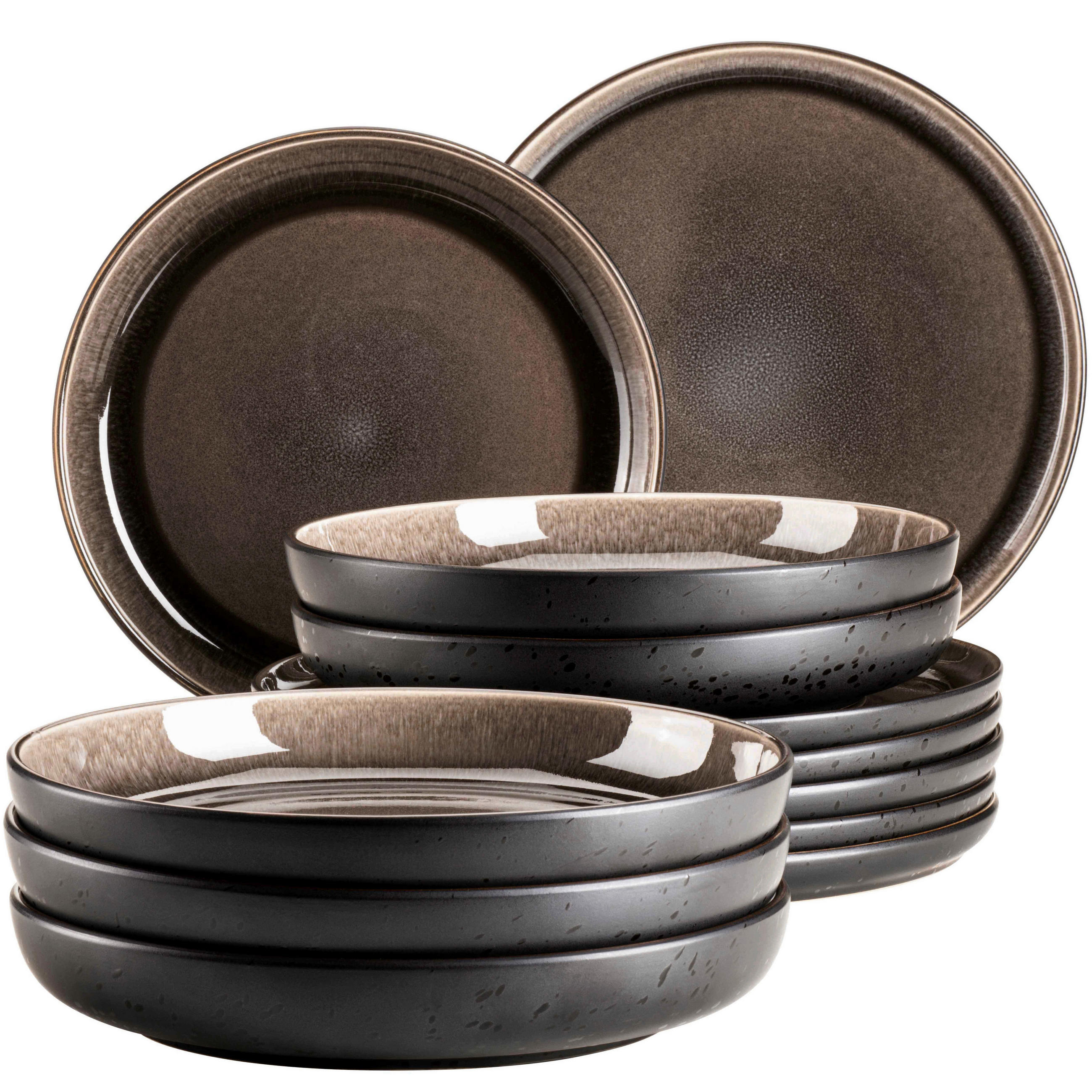 TAFELSERVICE Schwarz, Graubraun Niara 12-teilig  - Graubraun/Schwarz, Basics, Keramik - Mäser