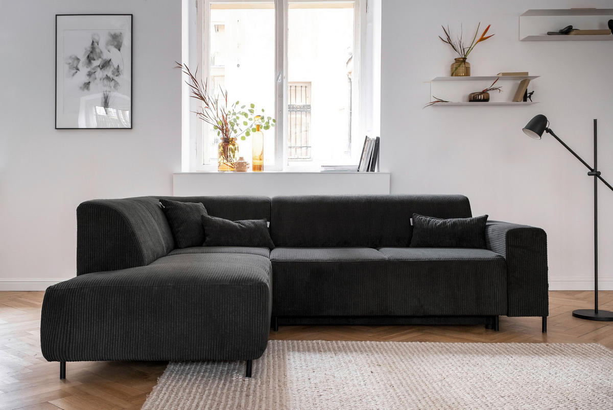 ECKSOFA Dunkelgrau Cord  - Dunkelgrau/Schwarz, Textil/Metall (192/250cm) - MID.YOU