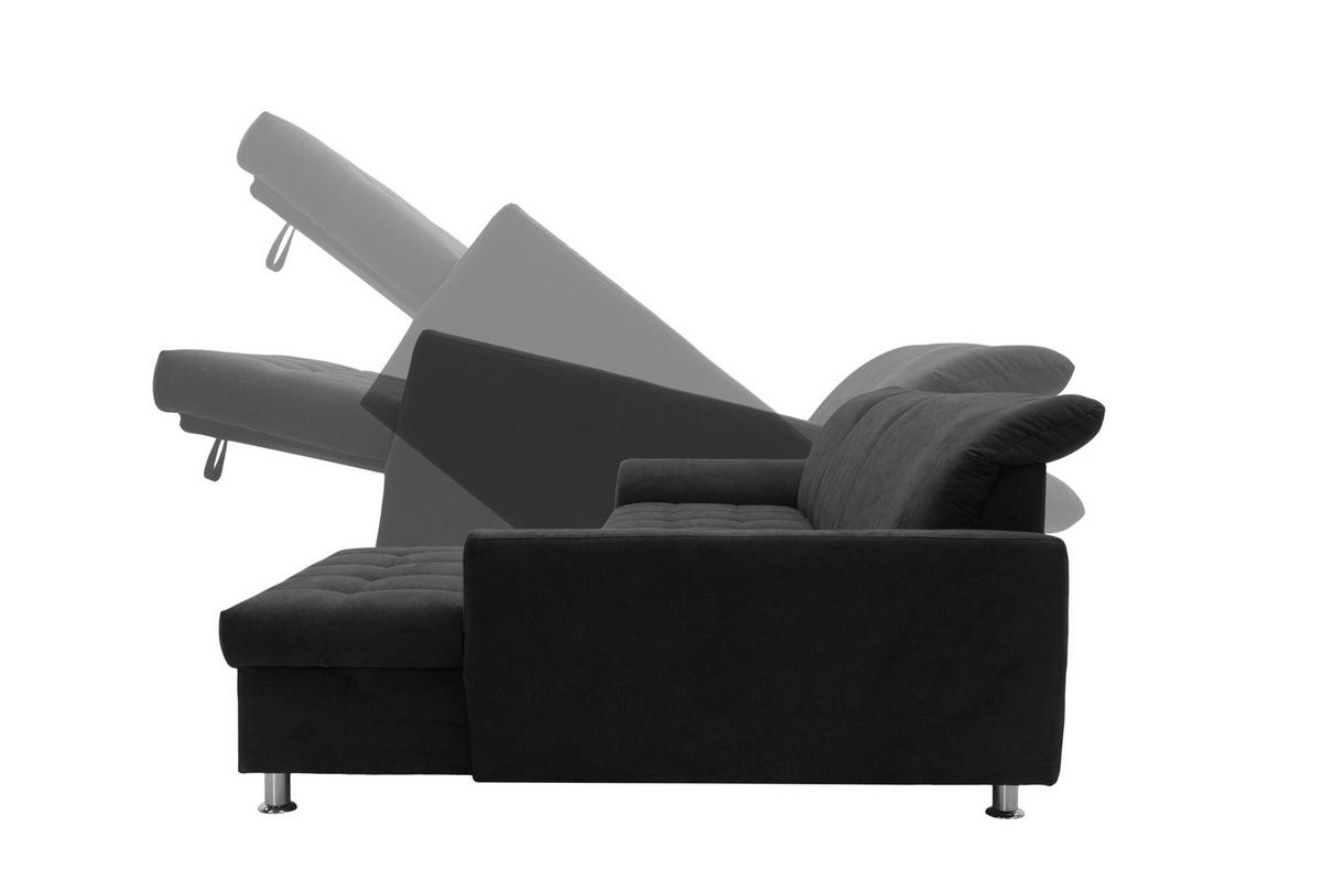 ECKSCHLAFSOFA MERIDIAN  mit Bettkasten erhältlich, Schlafen auf Sitzhöhe, Bettfunktion erhältlich, Rücken echt, Armteil links, Armteil rechts Mikrofaser Schwarz  - Chromfarben/Schwarz, KONVENTIONELL, Textil/Metall (278/171cm) - MID.YOU