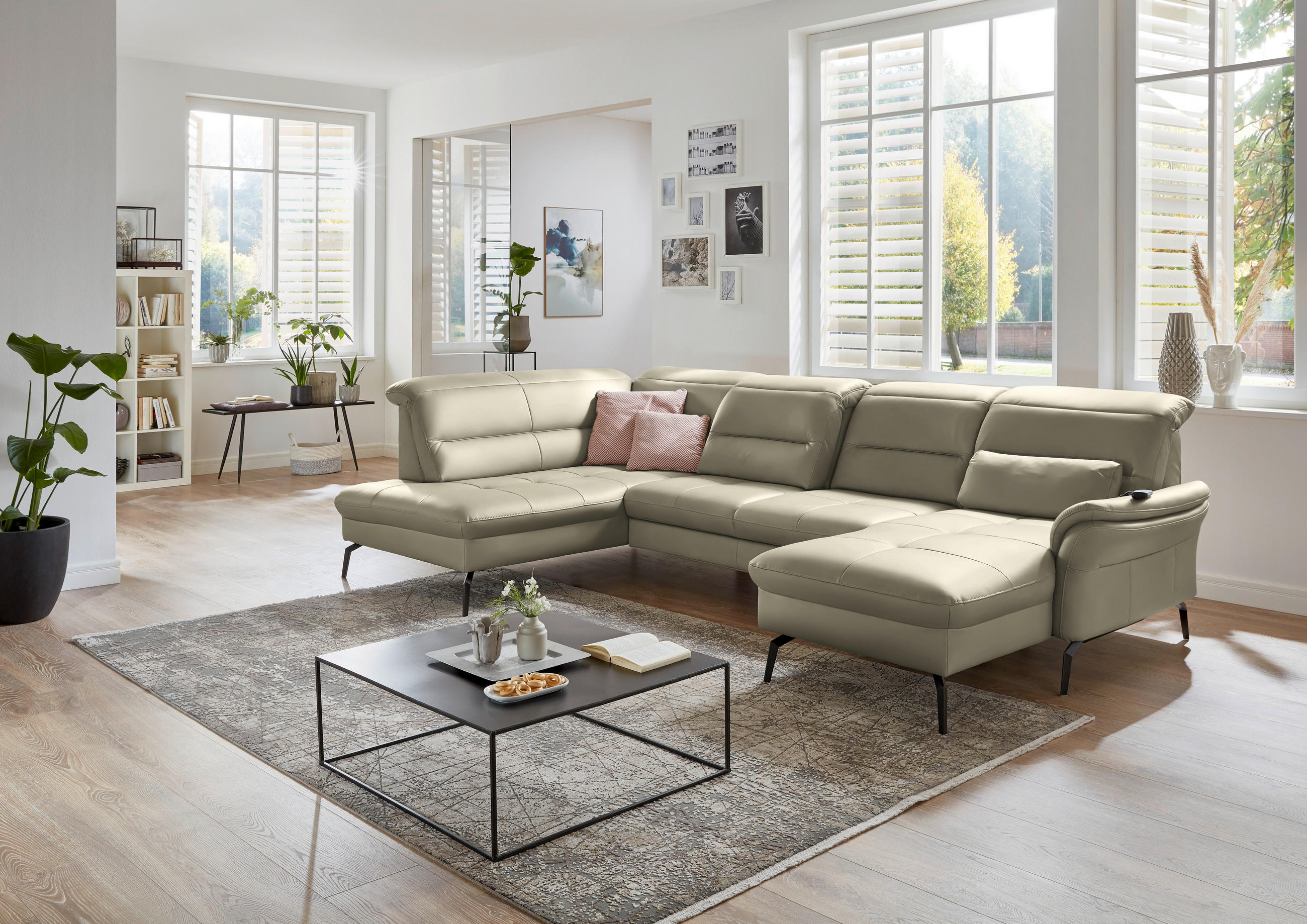 WOHNLANDSCHAFT in Echtleder Creme, Naturfarben  - Creme/Schwarz, Design, Leder/Metall (206/336/181cm) - Beldomo Speed