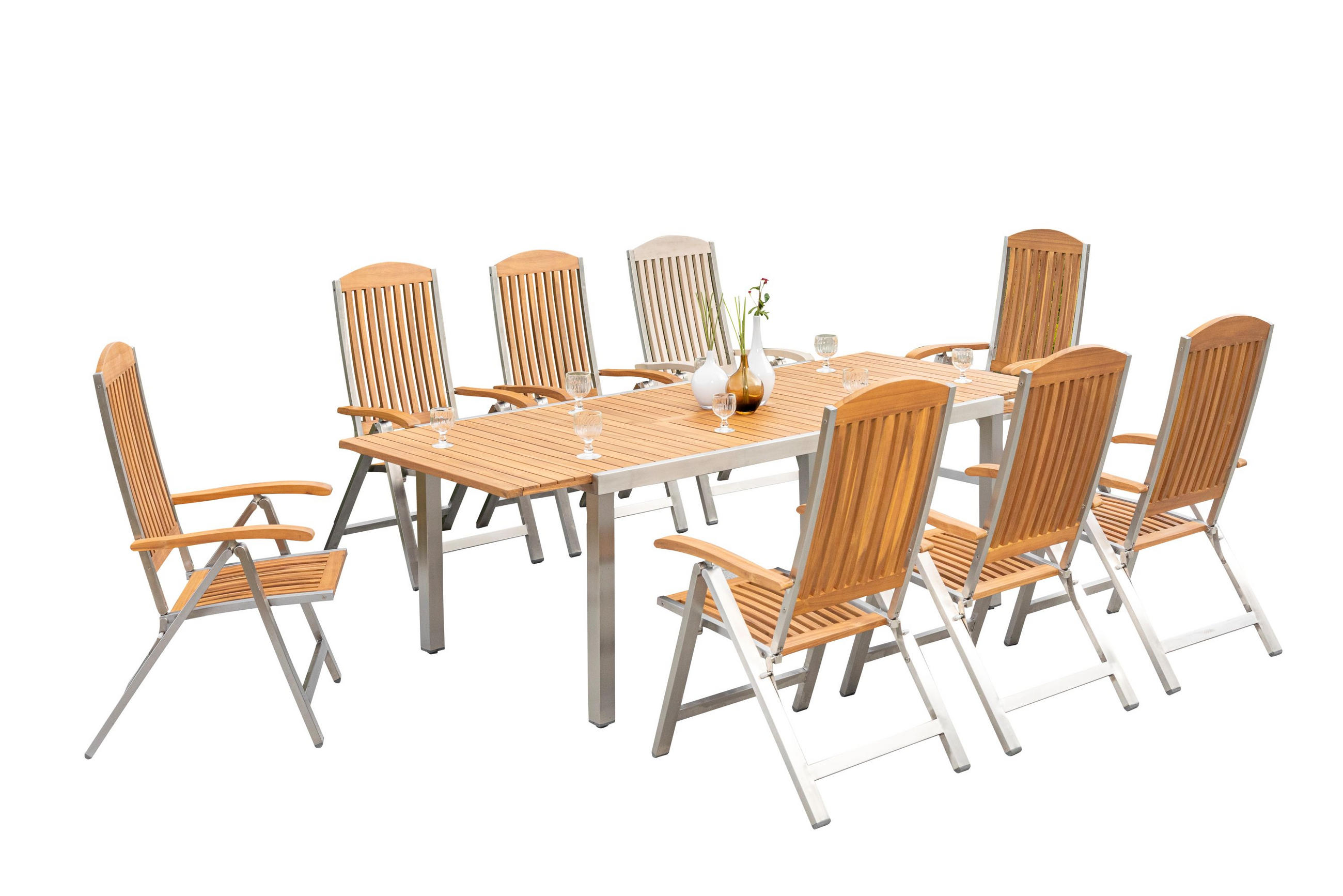 GARTENTISCHGRUPPE Akazie Hartholz Edelstahl  - Silberfarben/Akaziefarben, KONVENTIONELL, Holz/Metall - Gardenson