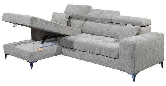 ECKSOFA Hellgrau Chenille Zierkissen, Bettkasten, Rücken echt, Kopfteilverstellung, Sitztiefenverstellung  - Hellgrau/Schwarz, KONVENTIONELL, Kunststoff/Textil (172/268cm) - Carryhome