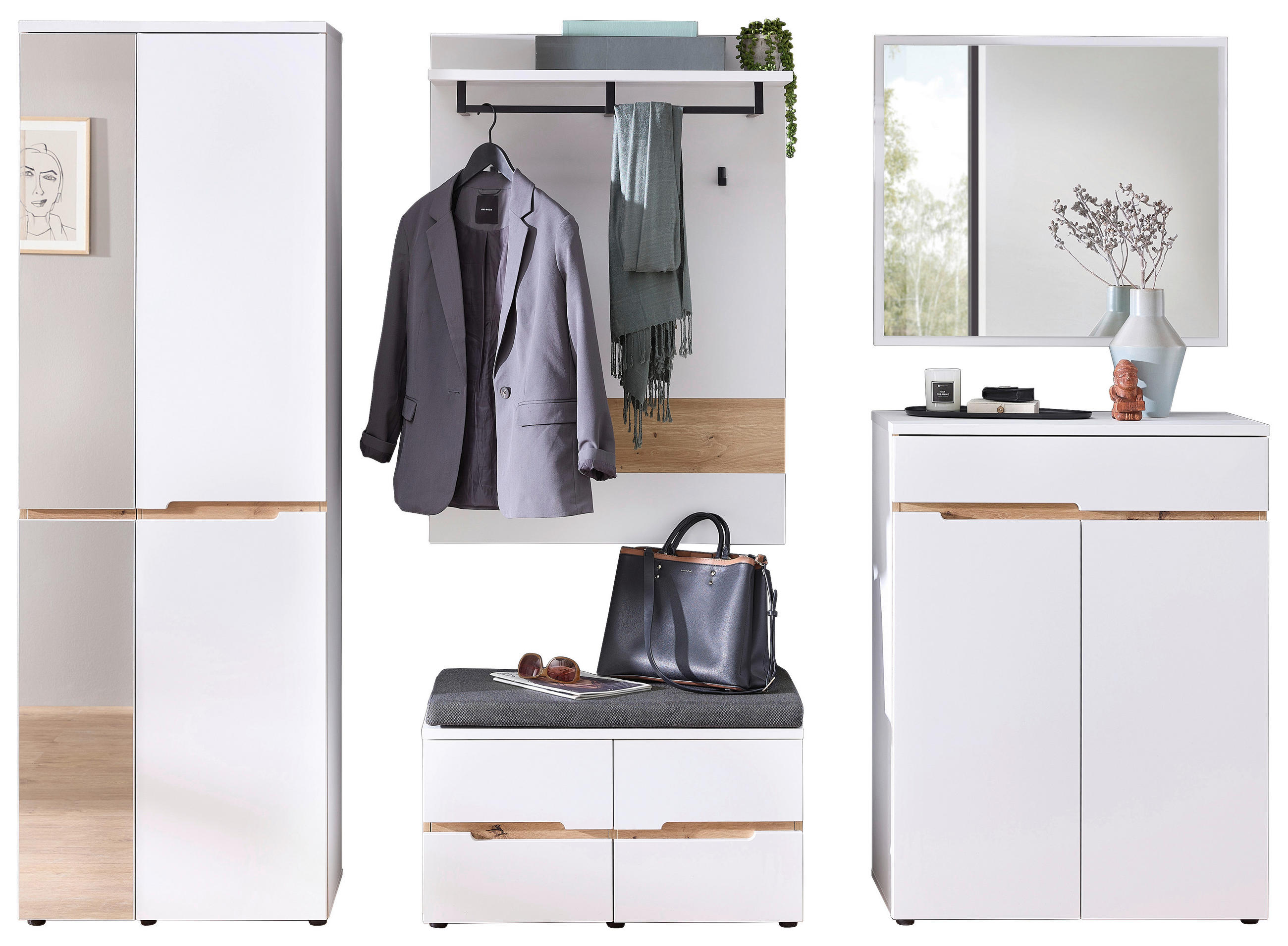 Voleo Garderobe Memphis Weiß, Eiche Artisan 255x197x38 cm