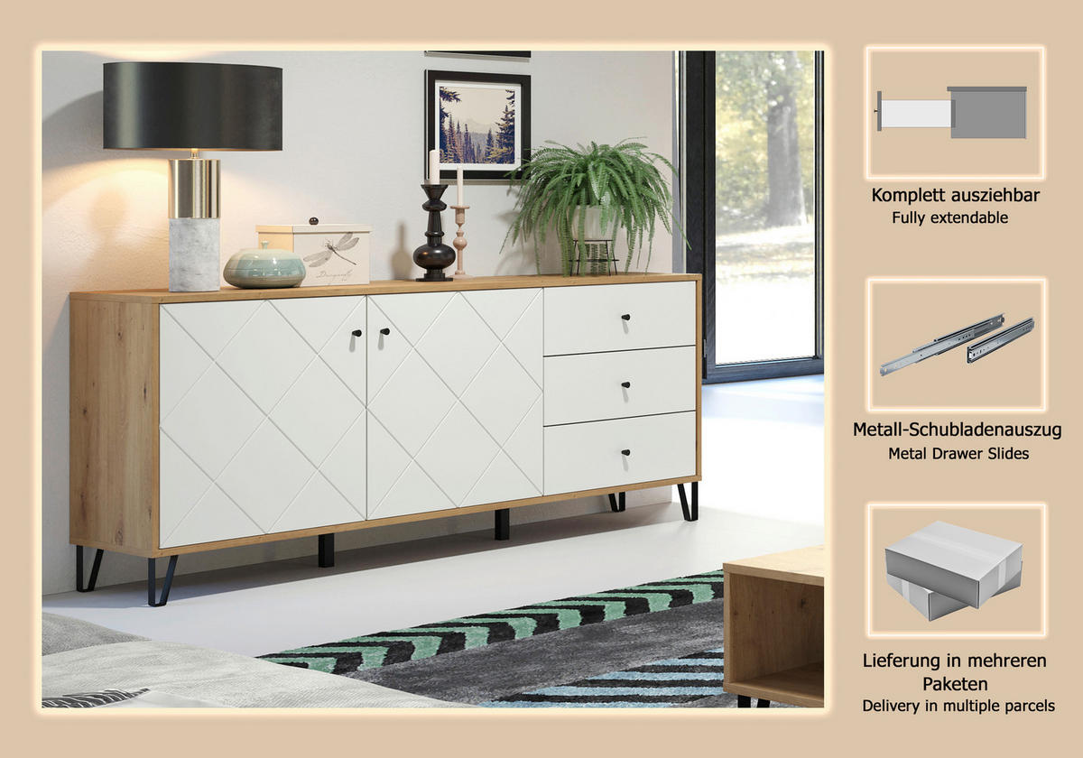 SIDEBOARD TOUCHWO 123/76/40 cm 3 Schublade(n)  - Schwarz/Eiche Artisan, Design, Holzwerkstoff/Kunststoff (123/76/40cm) - MID.YOU