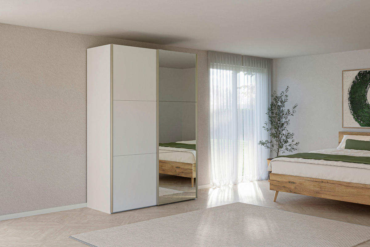 SCHWEBETÜRENSCHRANK 152/220/65 cm 2-türig Weiß  - Edelstahlfarben/Weiß, Design, Glas/Holzwerkstoff (152/220/65cm) - Jutzler