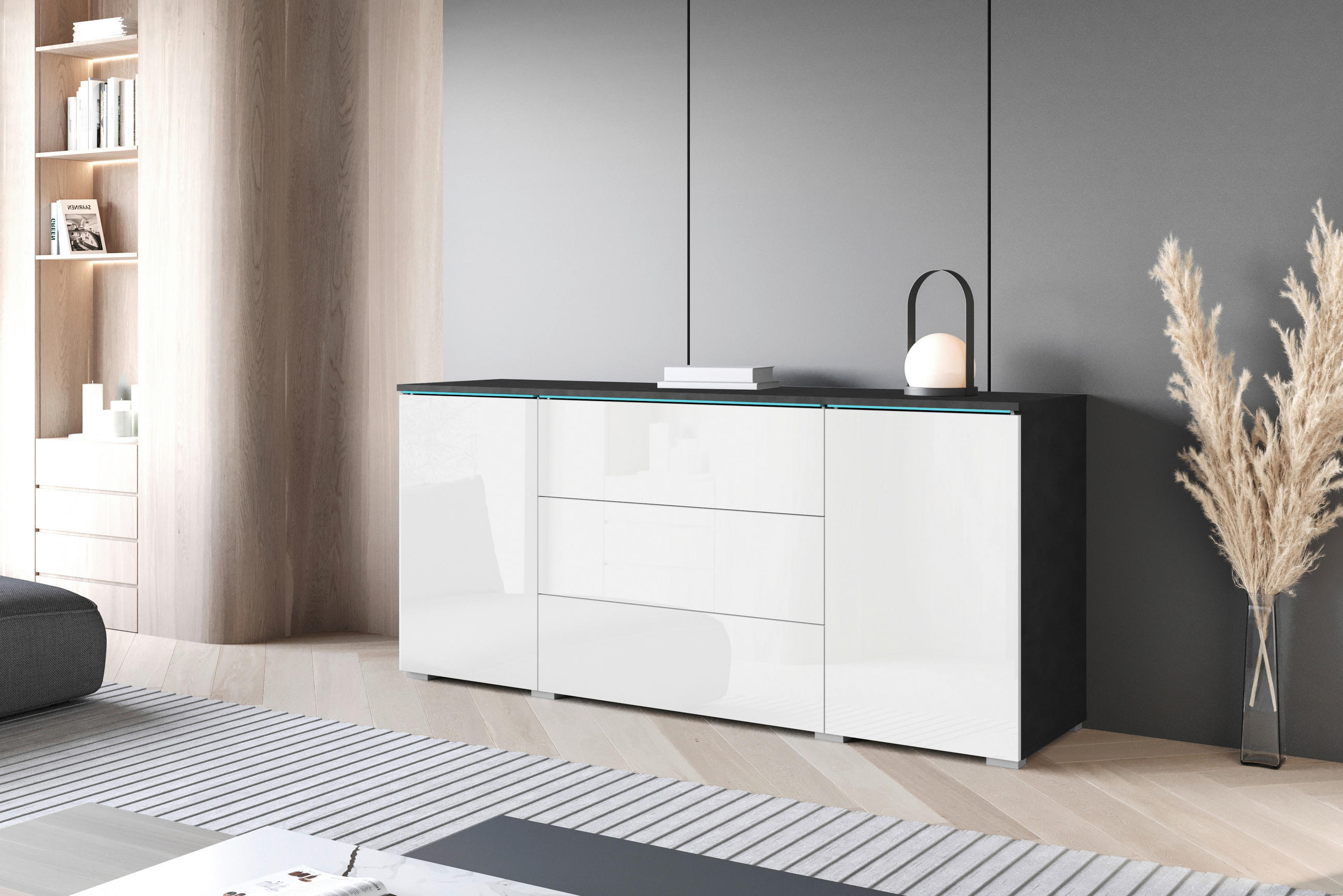 ŠIROKÁ KOMODA, antracitová, vysoce lesklá bílá, 150/67,9/39,5 cm - šedá/antracitová, Basics, kompozitní dřevo/plast (150/67,9/39,5cm) - P & B