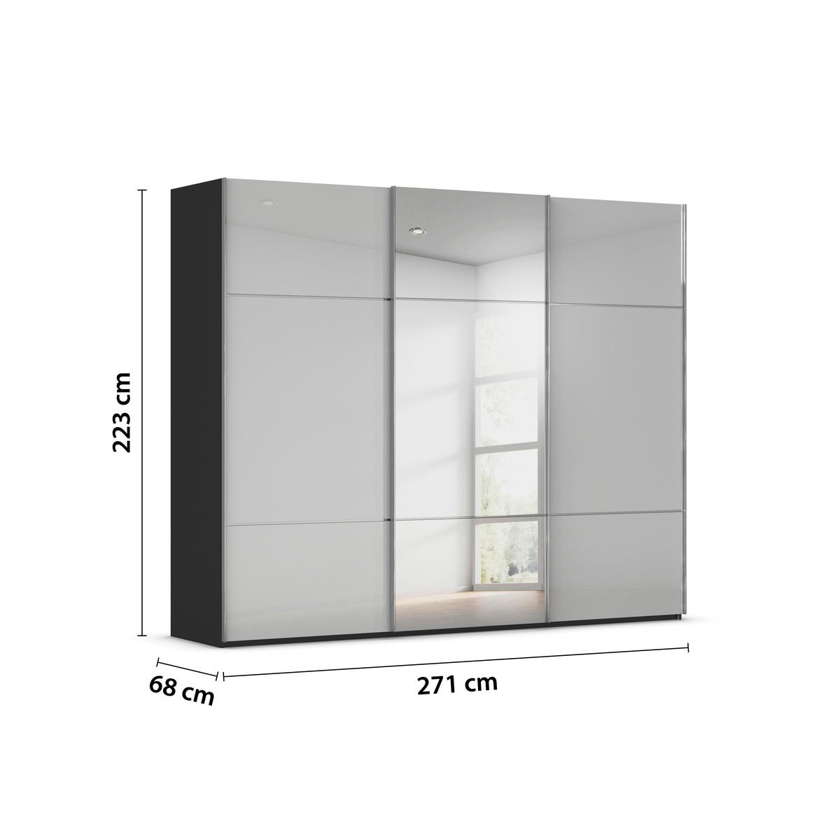 SCHWEBETÜRENSCHRANK 271/223/68 cm 3-türig Grau, Schwarz  - Chromfarben/Schwarz, KONVENTIONELL, Glas/Holzwerkstoff (271/223/68cm) - Novel